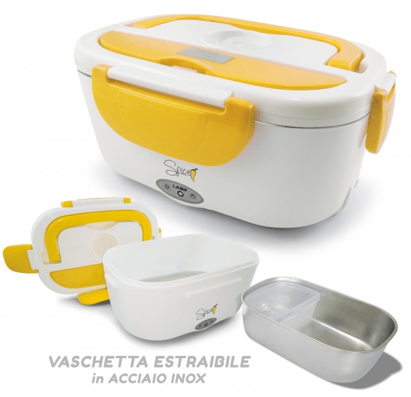 Set 2 Vaschette Acciaio Inox Estraibili SPICE Amarillo Inox Scaldavivande Portatile Lunch Box Giallo 40 W 1,5 Litri 